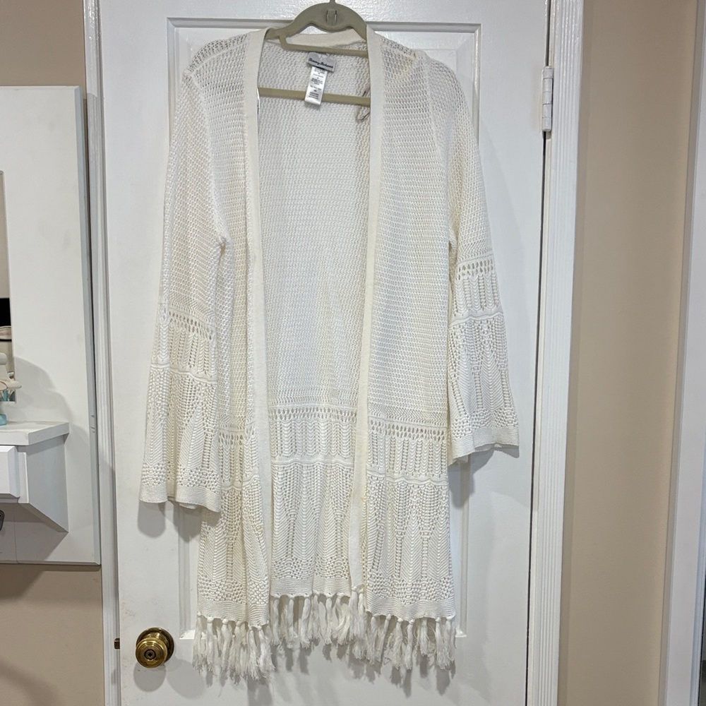 🌴Tommy Bahama Women’s Fringe Open cardigan Cover Up Long Sleeve. White.  L EUC